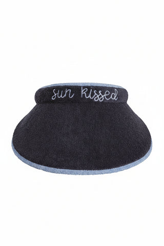 Navy visor with 'sun kissed' text on a white background