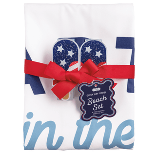 Quick dry towel set with American flag design and red ribbon on a white background