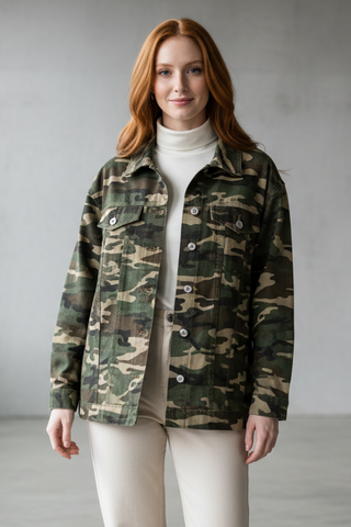 Woman wearing a camouflage jacket in a minimalistic room