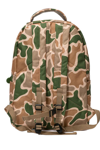 camouflage backpack with white background