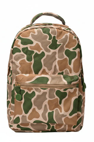 camo backpack on white background