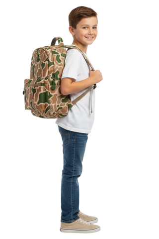 Boy carrying camouflage backpack