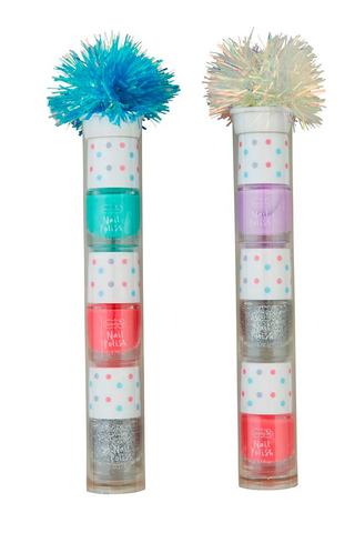 Two nail polish bottles with colorful polka dot labels and fluffy tops on a white background.