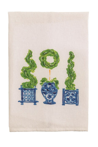 Decorative towel with green plant designs in blue pots on a white background