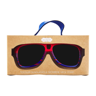 Sunglasses with red and blue design on a cardboard box packaging.
