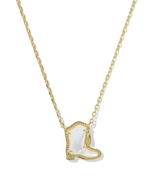 A gold chain necklace featuring a cowboy boot pendant with a white mother-of-pearl inlay and a textured gold border, shown against a plain white background.