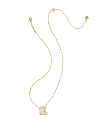 A delicate gold chain necklace featuring a small cowboy boot pendant with a white inlay, displayed on a clean white background.