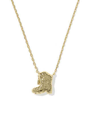 A gold chain necklace featuring a textured, sculptural pendant shaped like a stylized boot, shown against a plain white background.