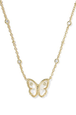 Gold butterfly necklace on a white background