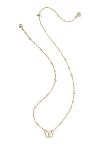 Gold necklace with a butterfly pendant on a white background