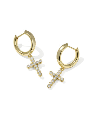 Gold hoop earrings with cross designs on a white background