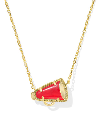 Necklace with a red and gold megaphone pendant on a white background