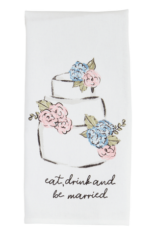 Floral design tea towel with 'eat, drink and be married' text on a white background