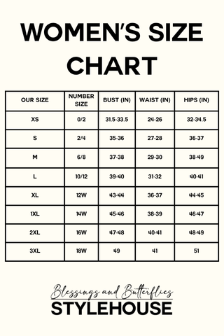 Women's size chart with measurements for bust, waist, and hips, branded 'Blessings and Butterflies Stylehouse'.